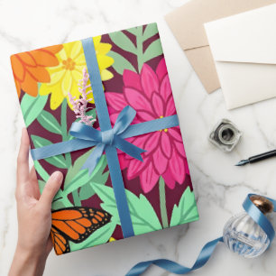 Papier cadeau aux dahlias abstraits et papillons