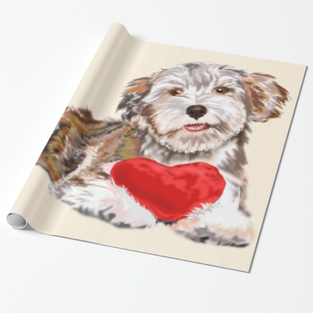 Papier cadeau avec chien mignon et coeur (Déroulé)