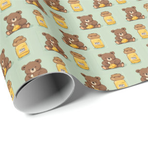Papier cadeau avec un ours bébé mignon mangeant du