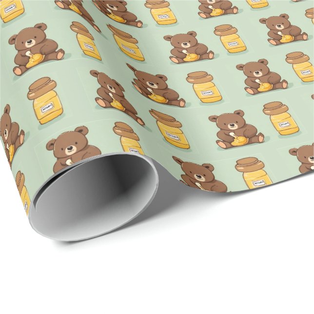 Papier cadeau avec un ours bébé mignon mangeant du (Coin rond)
