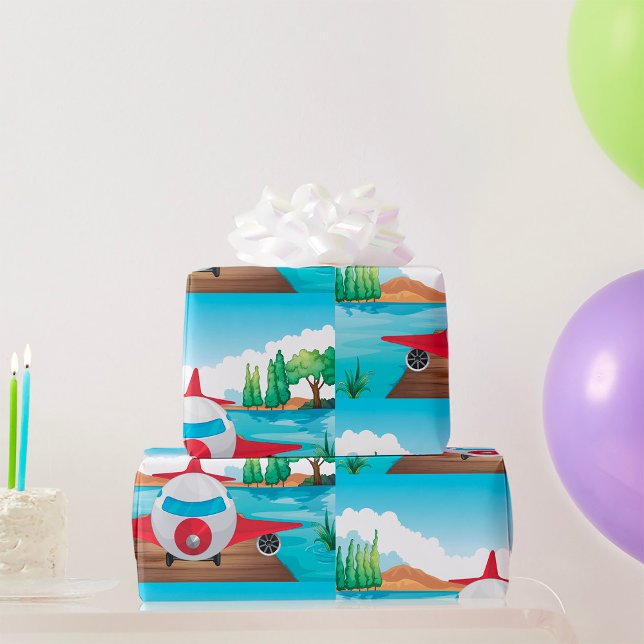 Papier Cadeau Avion de dessin sur Lake Dock Amusement Travel Adv (Créateur téléchargé)