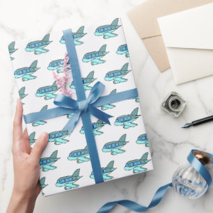 Papier Cadeau Avion Rétro Bleu Anniversaire Enfants Pilote Voyag