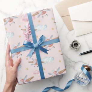 Papier Cadeau Avion Rose Aquarelle