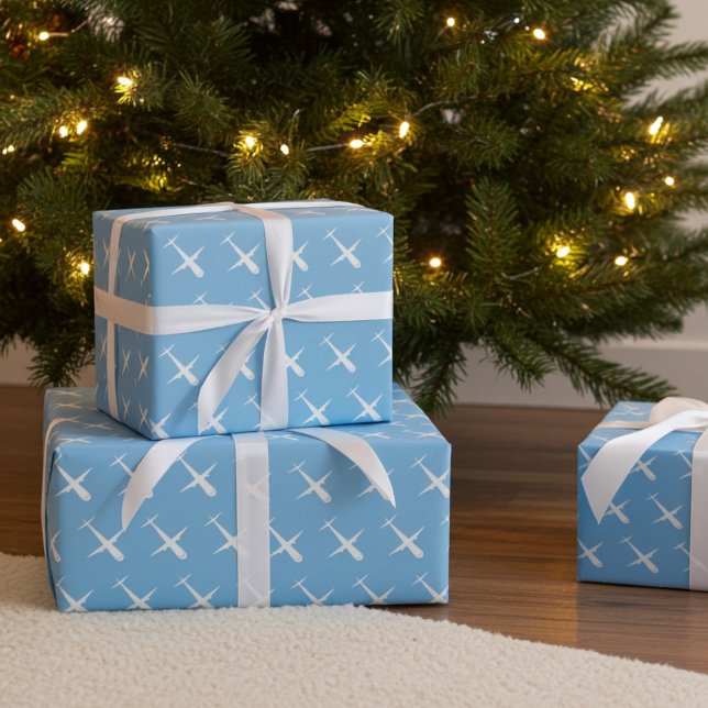 Papier Cadeau Avion sur Blue, Élégant pilote Motif Anniversaire (Airplane wrapping paper)