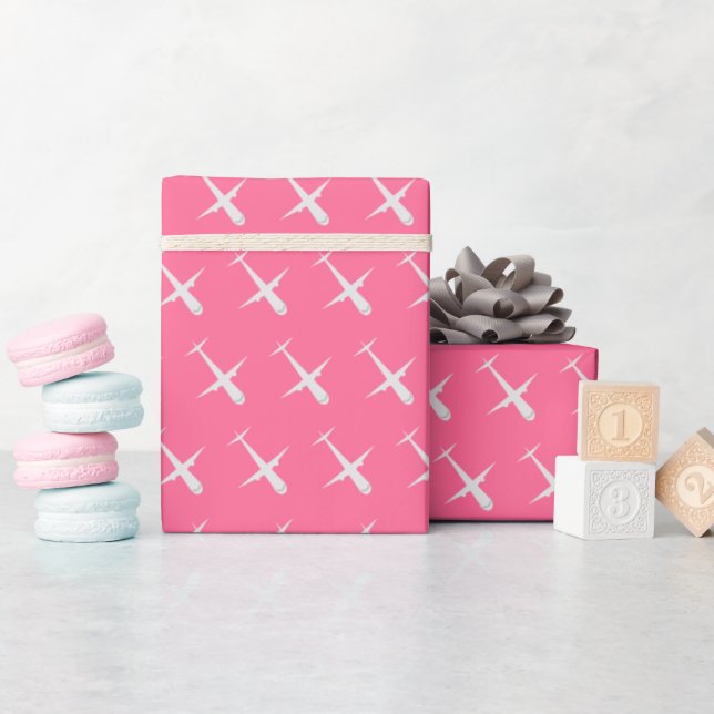 Papier Cadeau Avion sur Rosy Pink (Baby Shower)