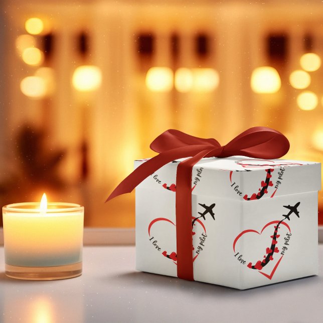 Papier Cadeau Avion Volant Coeur ILove Mon Pilote Amusant Annive (Créateur téléchargé)