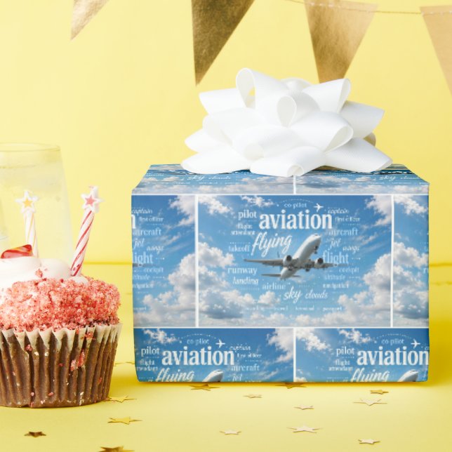Papier Cadeau Avion volant dans un nuage de mots (Fête d'anniversaire)