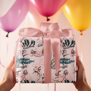 Papier Cadeau Axolotl sous l'eau rose et vert pour enfants anima