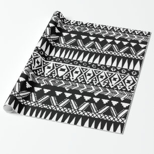 Papier Cadeau Aztèque tribal moderne tiré par la main noir et