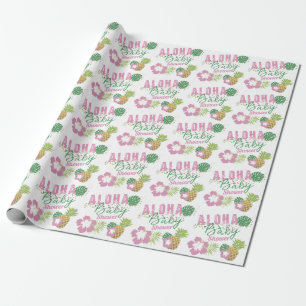 Papier Cadeau Baby Aloha Rose et Vert Fille Tropicale Shower