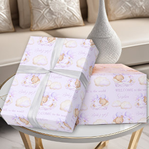 Papier Cadeau Baby Bear Purple Lavender Nouveau-né Baby Girl Nam