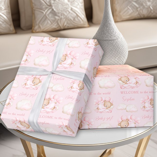 Papier Cadeau Baby Bear Rose Nouveau-né Baby Girl Name (Baby Bear Pink Newborn Baby Girl Name Wrapping Paper)