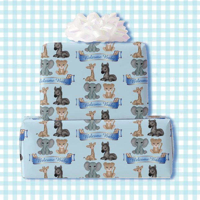 Papier Cadeau Baby Boy Blue Zoo Animaux Ajouter Nom Giraffe Zebr (Créateur téléchargé)