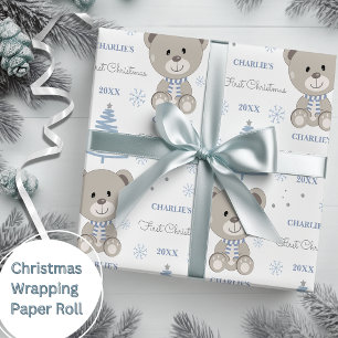 Papier Cadeau Baby Boys First Christmas Teddy Bear Bleu