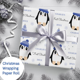 Papier Cadeau Baby Boys First Christmas Winter Penguin Blue