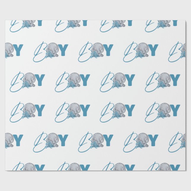 Papier Cadeau Baby Elephant Jungle Animal Blue Script Nursery (Plat)