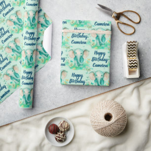 Papier Cadeau Baby Elephant Neutre Personnalisé Anniversaire