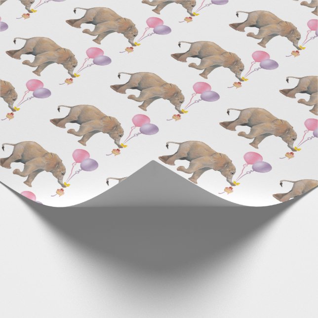 Papier Cadeau Baby Elephant pink & violet balloon Gift Wrapping (Coin)