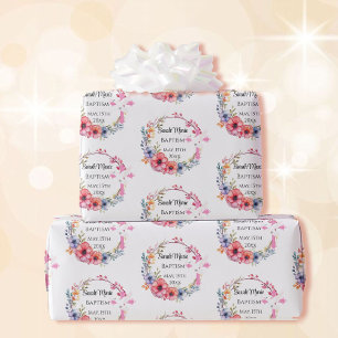 Papier Cadeau Baby Girl Baptism Nom Date Pink Floral Cross Dove