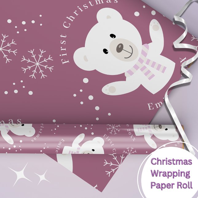 Papier Cadeau Baby Girls First Christmas Polar Bear Rose (Créateur téléchargé)