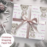 Papier Cadeau Baby Girls First Christmas Teddy Bear Rose<br><div class="desc">Faites leur tout premier Noël spécial avec du papier d'emballage personnalisé avec un ours en peluche,  un arbre et des flocons de neige. Mettez facilement à jour le nom et l'année et assurez-vous de consulter ma collection pour plus de choix.</div>