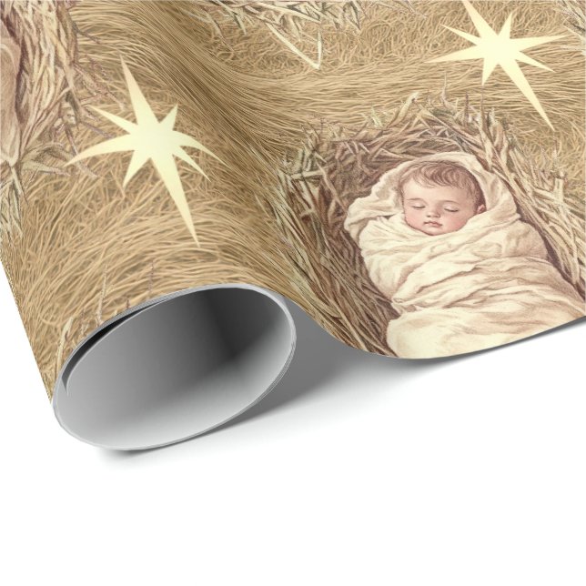 Papier Cadeau Baby Jesus Watercolor Manger Hay (Coin rond)