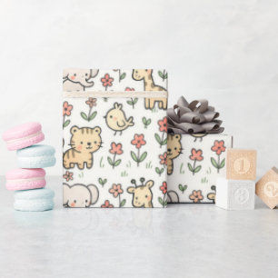 Papier Cadeau Baby Safari Faune Avec Fleurs De Doodle