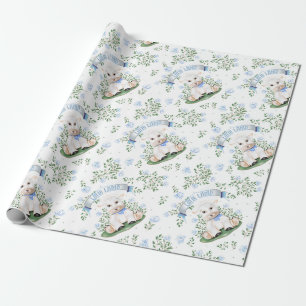 Papier Cadeau Baby-Shower Agneau Fleurs Bleues