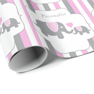 Papier Cadeau Baby shower blanc, rose et gris d'éléphants de