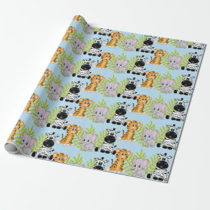 Papier Cadeau Baby shower Bleu Garçon Cute Safari Jungle Animaux
