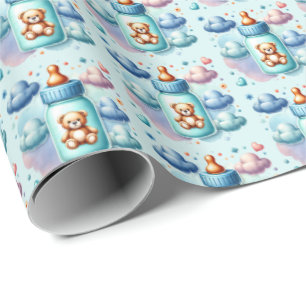 Papier Cadeau Baby shower carrelé en bouteille pour garçons mign