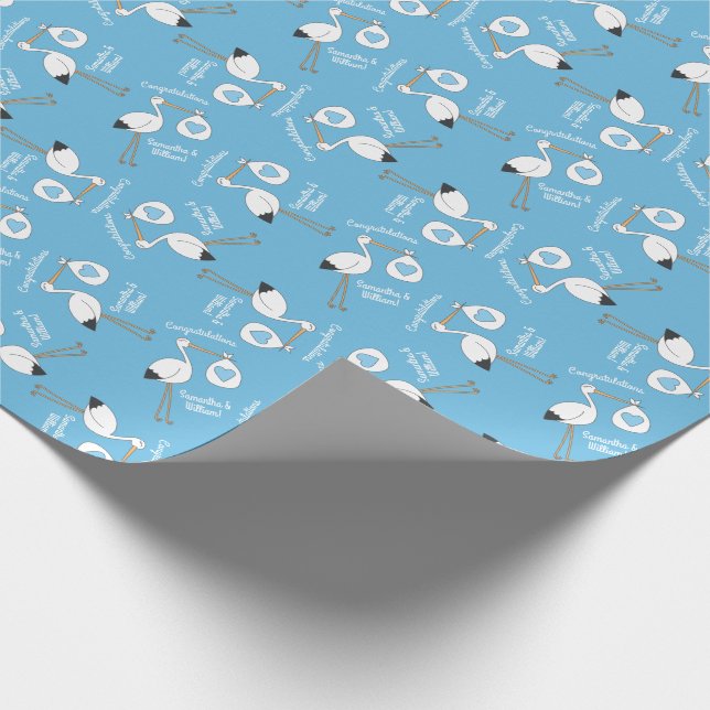 Papier Cadeau Baby shower cigogne bleu garçon (Coin)