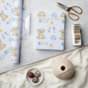 Papier Cadeau Baby shower d'aquarelle bleu Teddy Bear