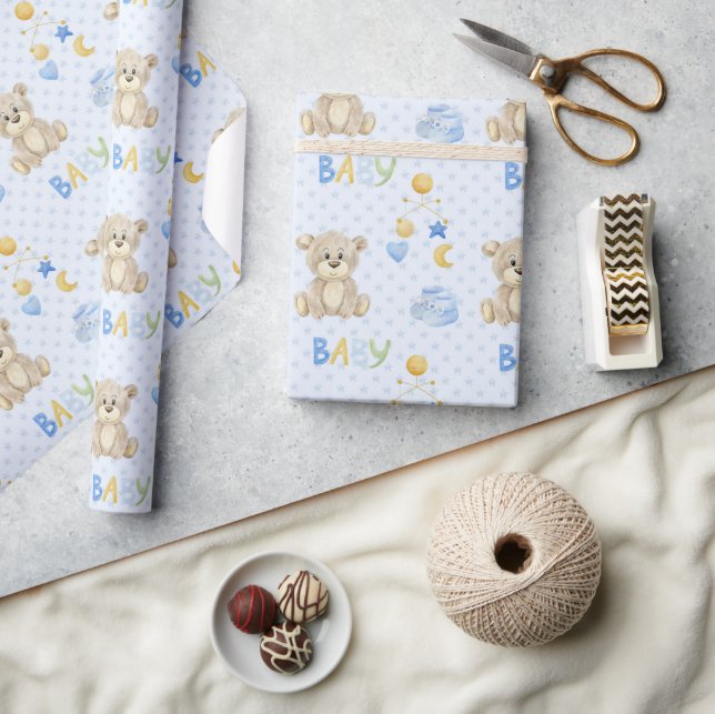 Papier Cadeau Baby shower d'aquarelle bleu Teddy Bear (Artisanat)