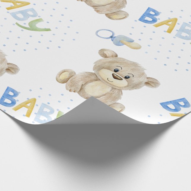 Papier Cadeau Baby shower d'aquarelle Blue Baby Boy Teddy Bear (Coin)