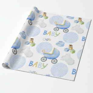 Papier Cadeau Baby shower d'aquarelle Blue Baby Carriage