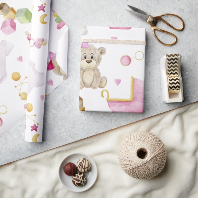 Papier Cadeau Baby shower d'aquarelle rose Teddy Bear Baby Girl (Artisanat)