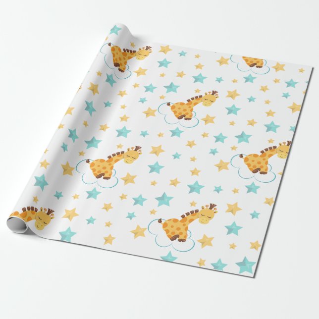 Papier Cadeau Baby shower de la Giraffe et des Etoiles neutres (Déroulé)