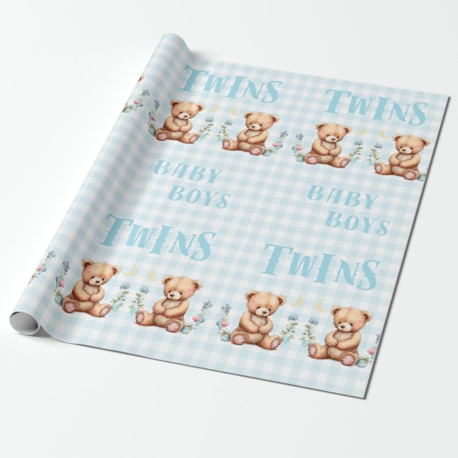 Papier Cadeau Baby shower de typographie Blue Teddy Bear Twins (Déroulé)