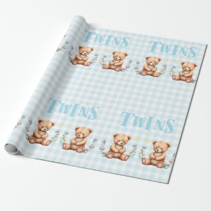 Papier Cadeau Baby shower de typographie Blue Teddy Bear Twins