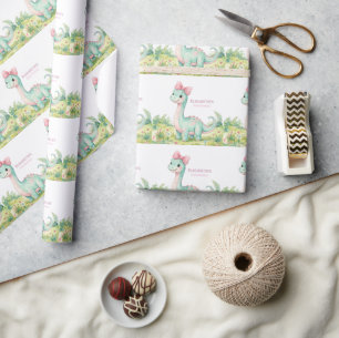 Papier Cadeau Baby Shower Dinosaure Mignon avec un Nœud Rose