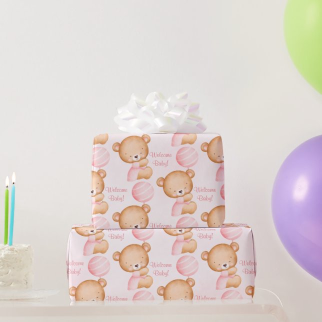 Papier Cadeau Baby shower d'ours en peluche rose pastel (Cadeaux de fête)