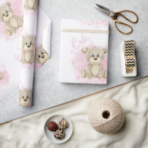 Papier Cadeau Baby shower d'ours pour fille rose