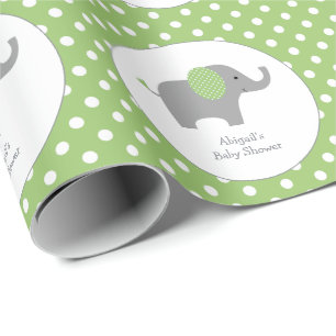 Papier Cadeau Baby shower éléphant à point Polka vert et blanc