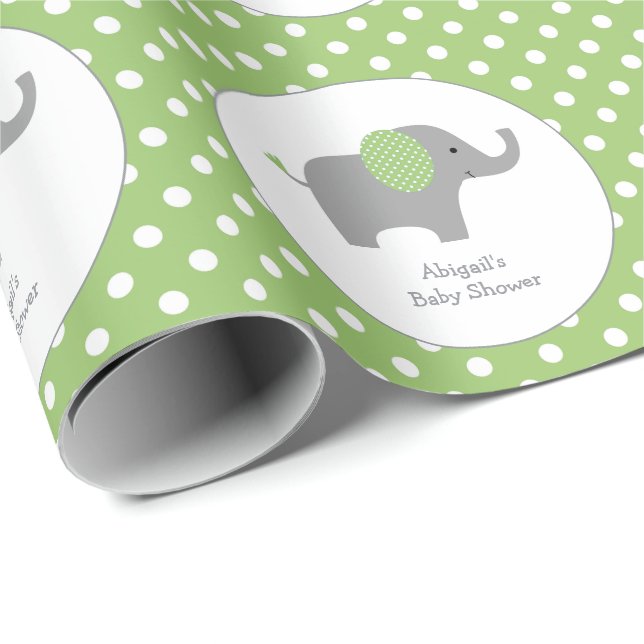 Papier Cadeau Baby shower éléphant à point Polka vert et blanc (Coin rond)
