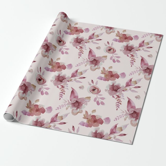 Papier Cadeau Baby Shower Fille Élégant Floral Rose Mauve (Déroulé)