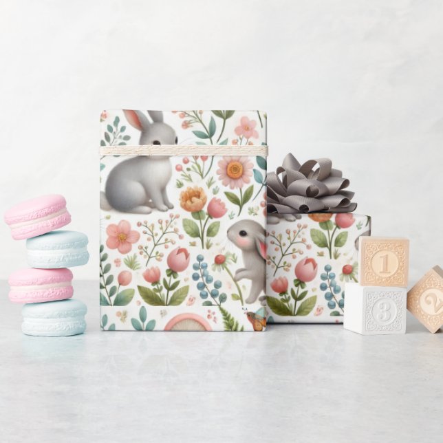 Papier Cadeau Baby shower Floral avec lapins Aquarelle (Baby Shower)