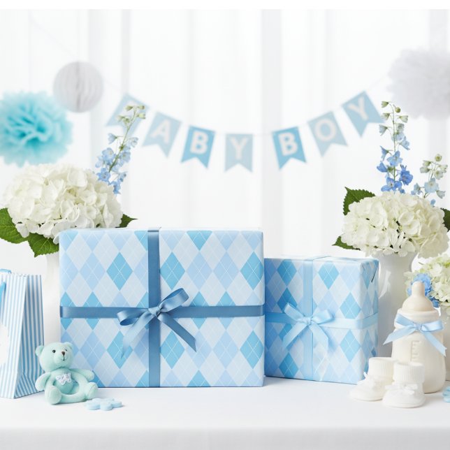 Papier Cadeau Baby shower Jacquard bleu bébé (Baby Blue Argyle Wrapping Paper for Baby Boy. Simple Baby Blue Diamond Pattern for Boy Baby Shower)