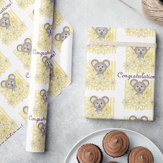 Papier Cadeau Baby shower Koala à rayures jaunes / Anniversaire  (Créateur téléchargé)