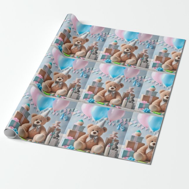 Papier Cadeau Baby shower Ours mou (Déroulé)